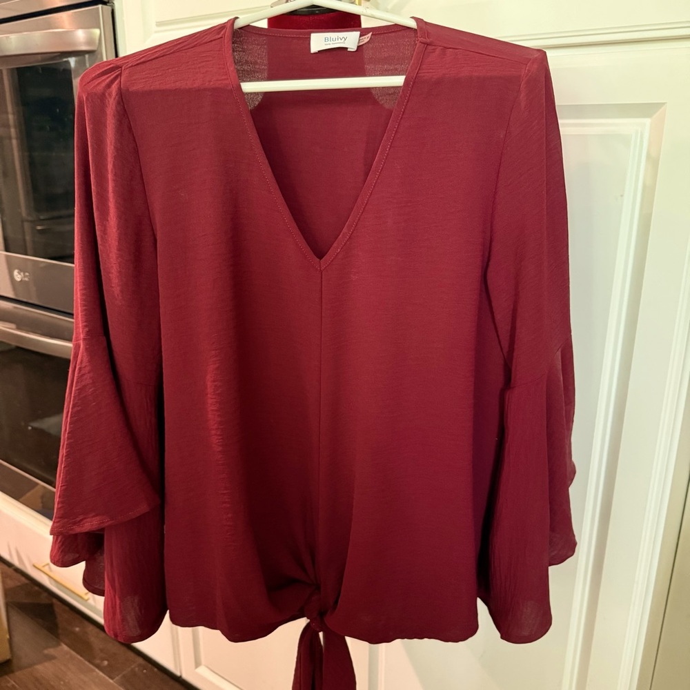 Bluivy Red 3/4 Sleeve Tie Front Blouse